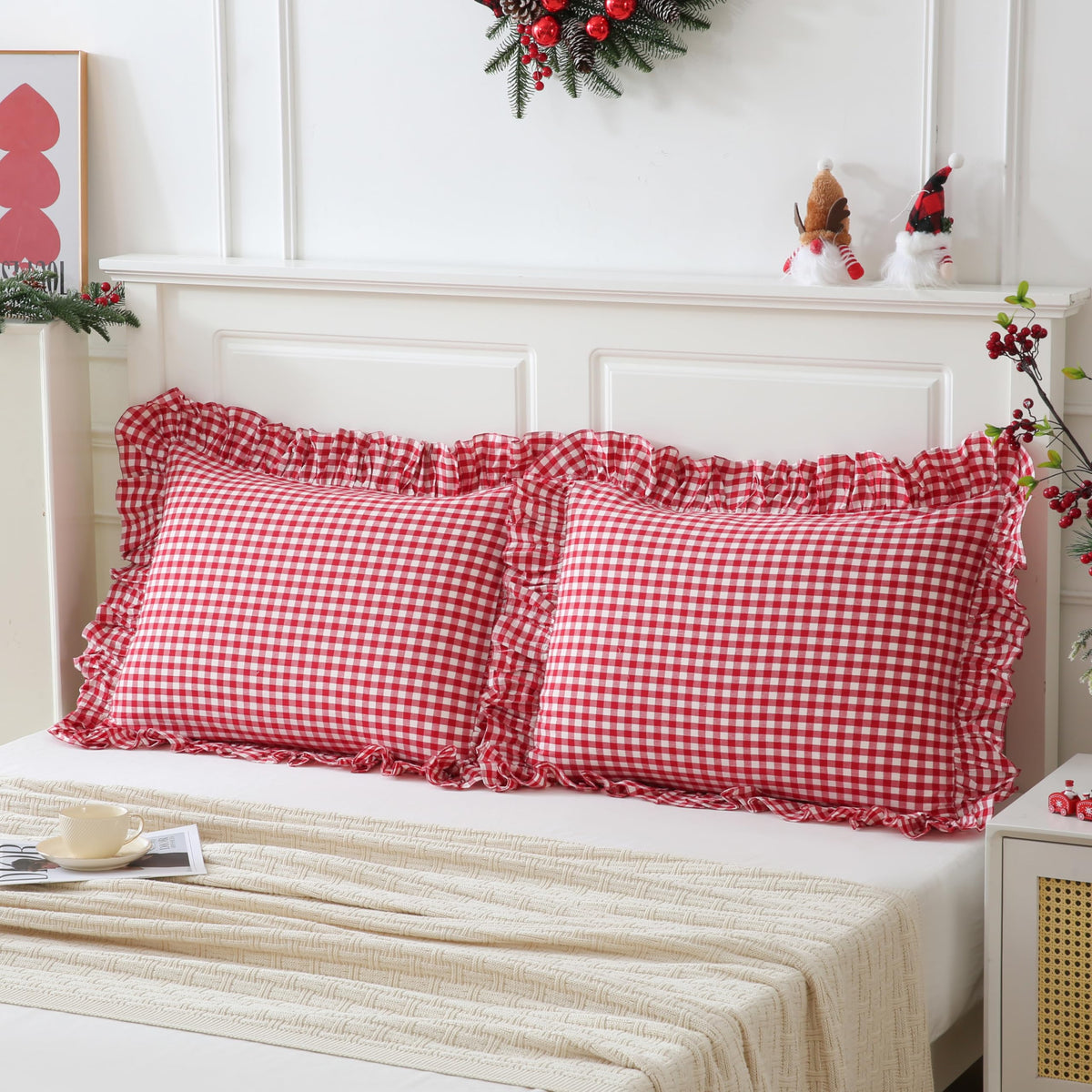 14x36 inches Sage Green Plaid Ruffle Lumbar Pillow Sham 1 Piece