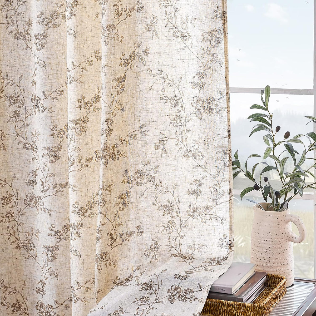 Lazzzy Taupe Vintage Floral Linen Curtains Farmhouse 50W X 84L 2 Panels