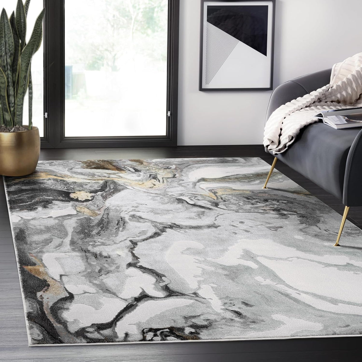 Abani Regal Collection Area Rug - Abstract Dark Grey Cracked Stone Design - 4' x 6' - Washable - for Living Room, Bedroom & Office
