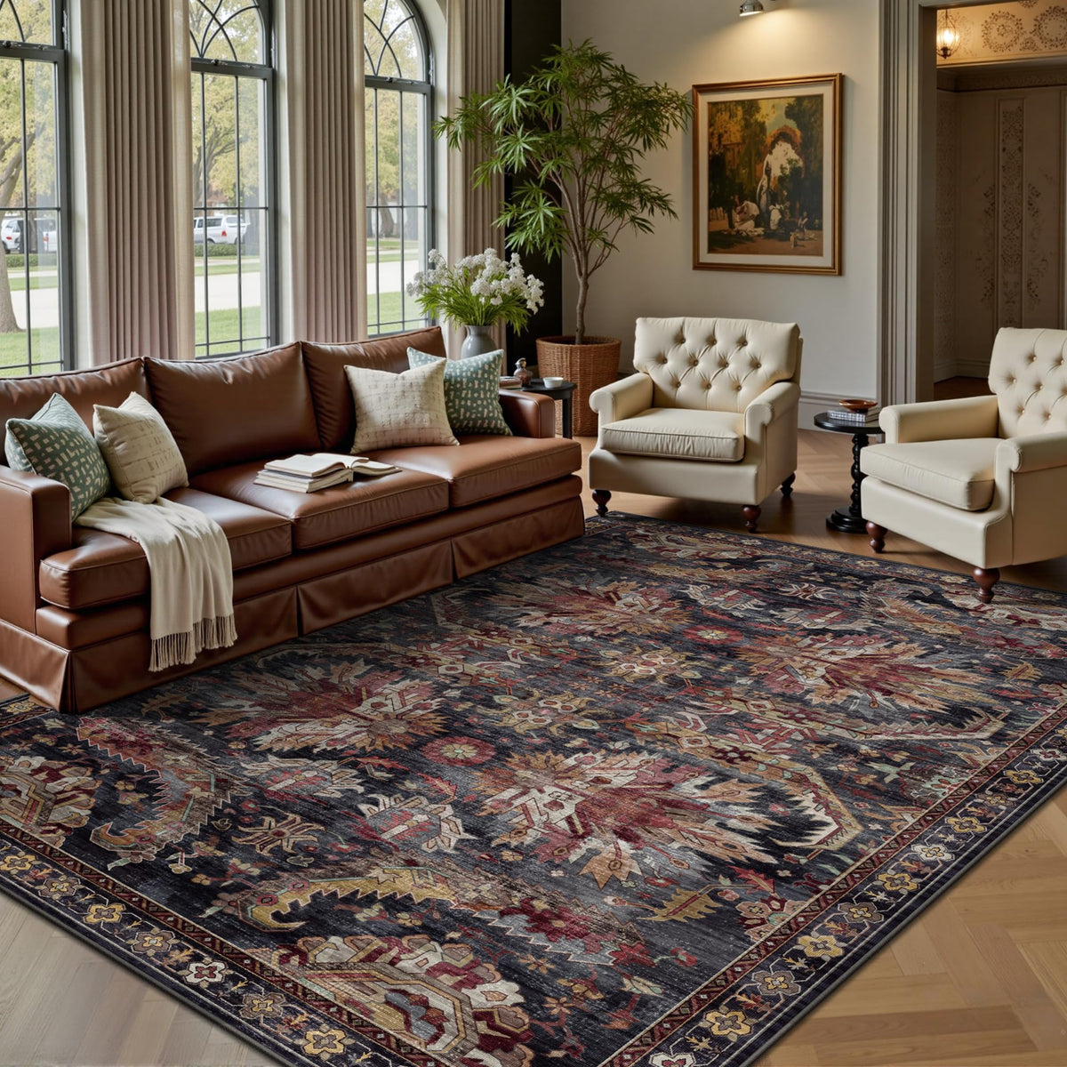 8x10 Area Rugs for Living Room - Washable Vintage Retro Large Rug, Soft Ultra Thin Non Slip Low Pile Traditional Distressed Boho Carpet for Bedroom Dining Room Home Office, Rust Clay