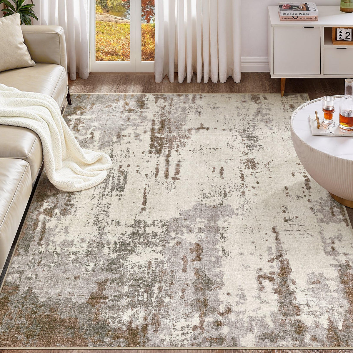 UERMEI 8x10 Area Rug Living Room Rugs - Washable Neutral Modern Abstract Soft Thin Large Rug Indoor Floor No Slip Rug Carpet for Bedroom Under Dining Table Home Office Decor - Brown Grey