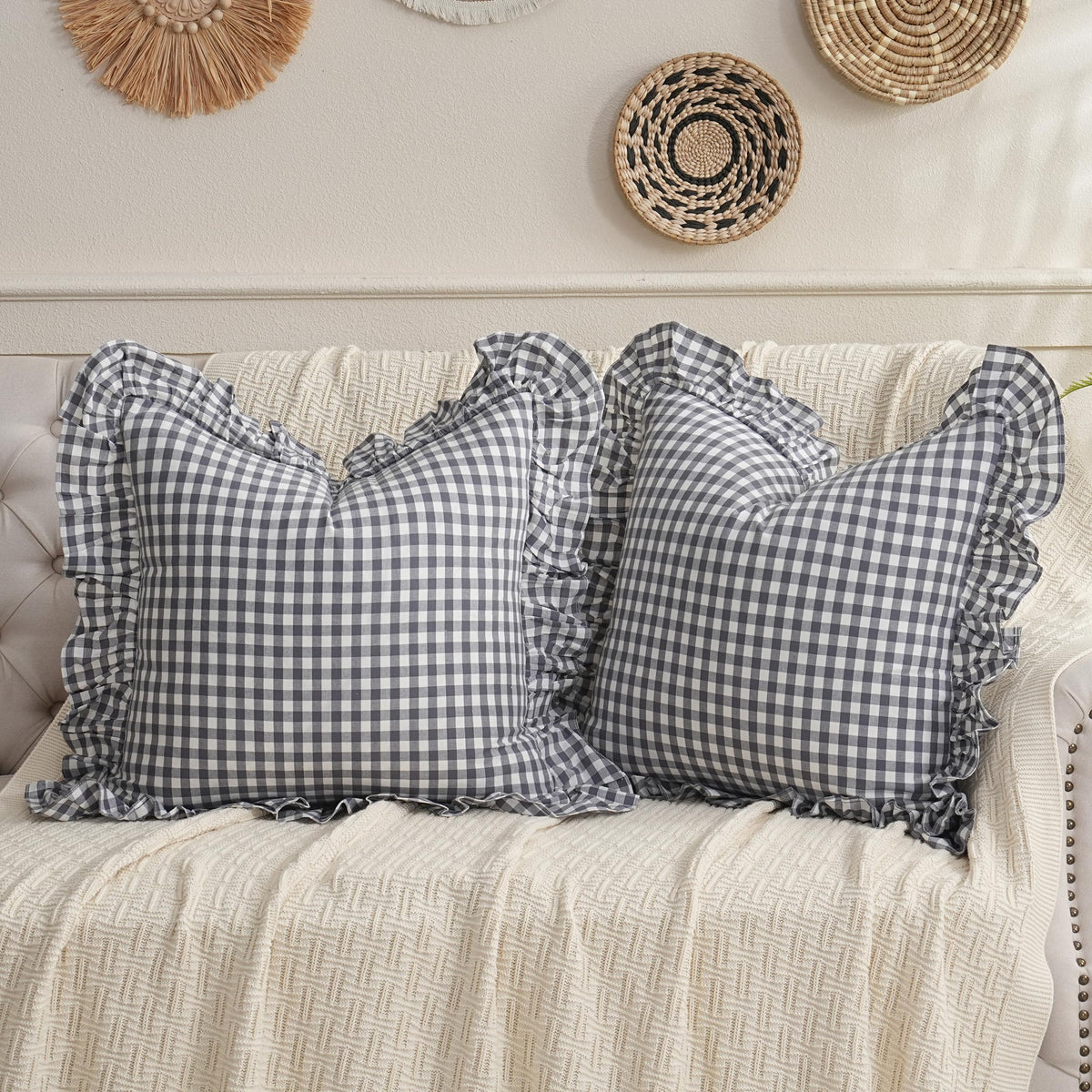 14x36 inches Sage Green Plaid Ruffle Lumbar Pillow Sham 1 Piece