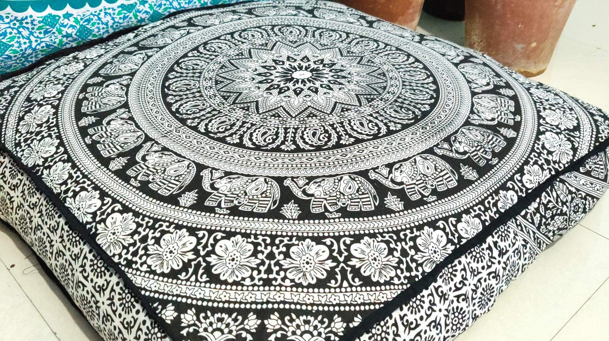 24" Black Gold Flower Mandala Barmeri Large Floor Pillow Cover Cushion Meditation Seating Ottoman Throw Cover Hippie Decorative Zipped Bohemian Pouf Ottoman Pom Pom Cases 24 " square