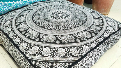 24" Black Gold Flower Mandala Barmeri Large Floor Pillow Cover Cushion Meditation Seating Ottoman Throw Cover Hippie Decorative Zipped Bohemian Pouf Ottoman Pom Pom Cases 24 " square