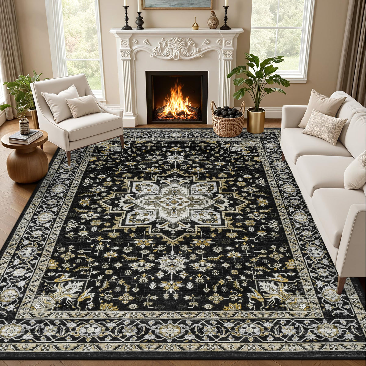 5x7 Area Rugs Living Room: Washable Vintage Rug for Bedroom Beige