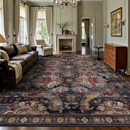 8x10 Area Rugs for Living Room - Washable Vintage Retro Large Rug, Soft Ultra Thin Non Slip Low Pile Traditional Distressed Boho Carpet for Bedroom Dining Room Home Office, Rust Clay