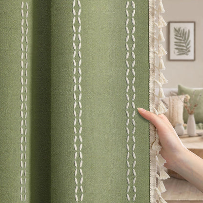 Boho 100% Blackout Curtains 84 Inch 2 Panels Linen Blend Beige