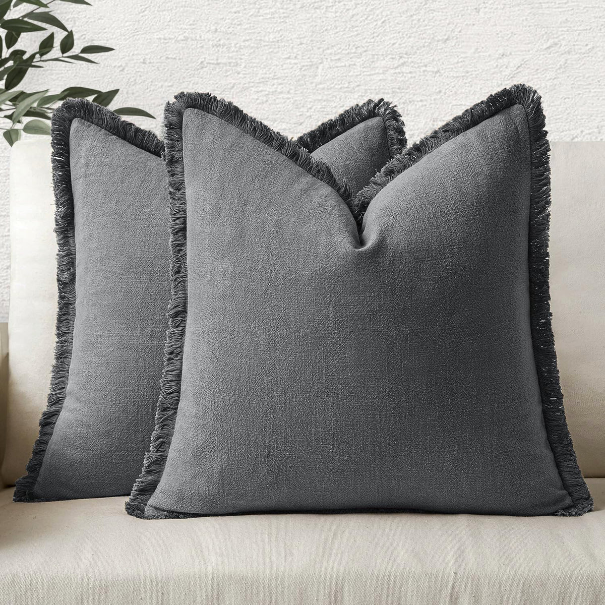 MIULEE Linen Fringe Decorative Fall Throw Pillow Covers Cocoa Brown 18x18