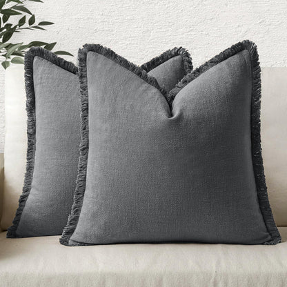 MIULEE Linen Fringe Decorative Fall Throw Pillow Covers Cocoa Brown 18x18