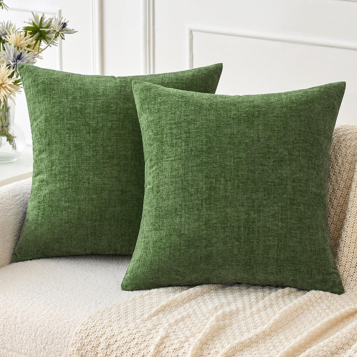 MIULEE Soft Chenille Throw Pillow Covers Sage Green 18x18 Inch Pack of 2