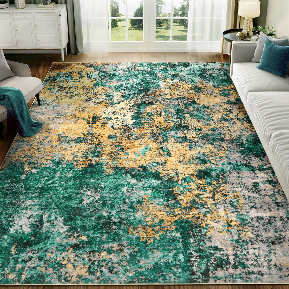 Washable Area Rug for Living Room: 9x12 Modern Abstract Neutral Soft Rug for Bedroom Dining Room No Slip Low Pile Carpet for Nursery Home Office - Grey/Blue