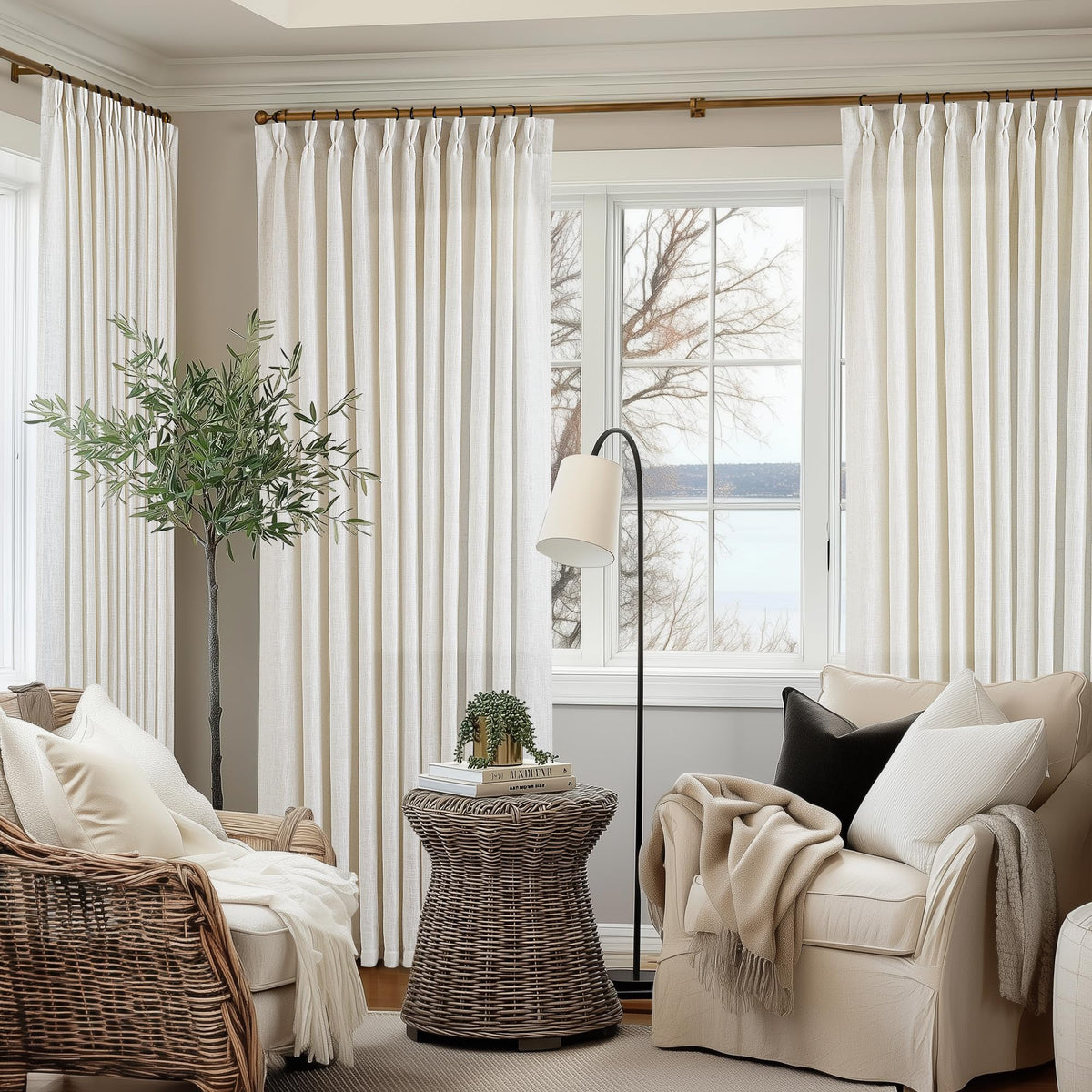 TWODRAPES Natural Pinch Pleated Linen Semi Sheer 84 Inch Curtains 2 Panels