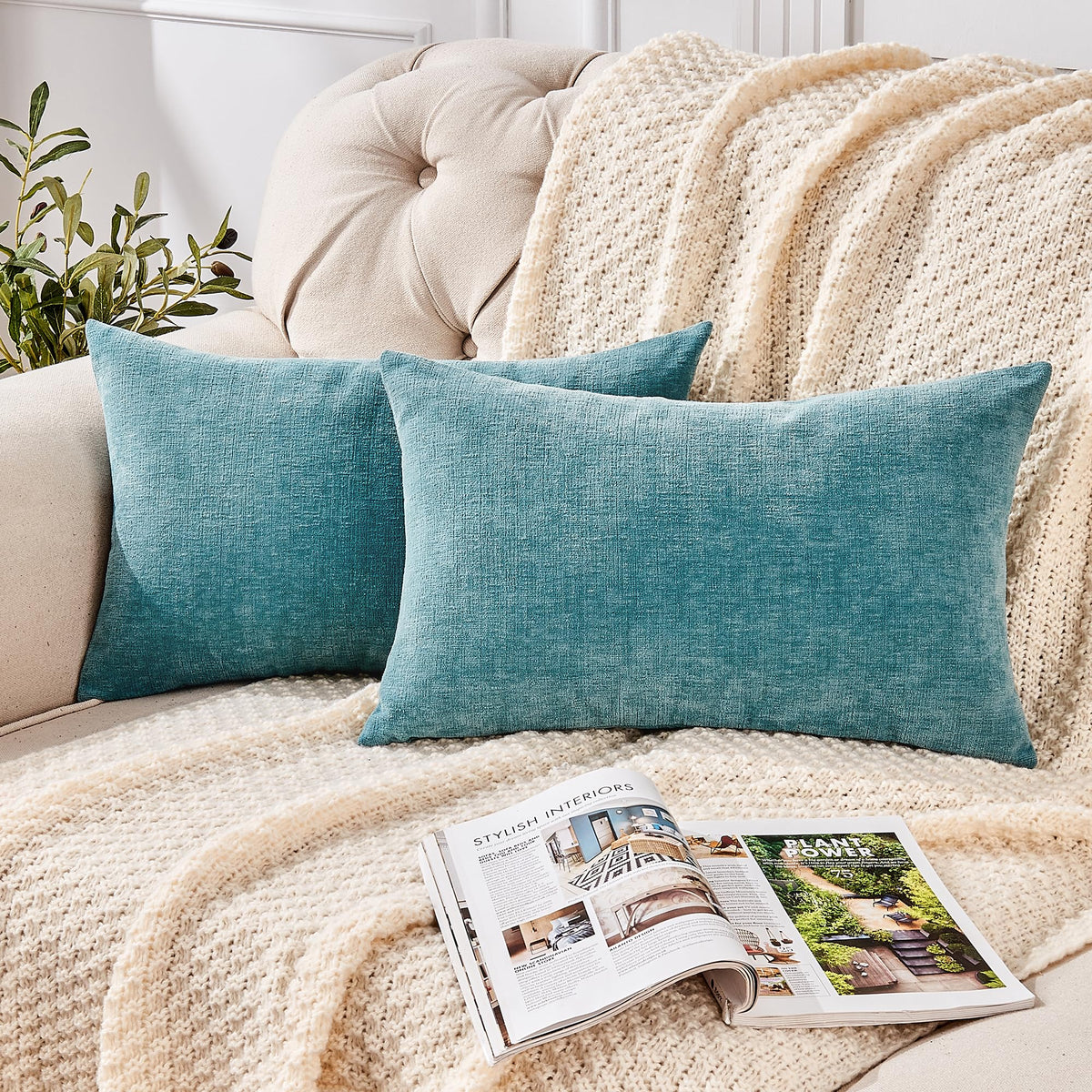 GAWAMAY Lumbar Support Pillow Decorative Rectangle Throw Pillow Covers 12"x20" Inch Set of 2, Soft Chenille Fall Pillowcase for Living Room Bedroom Sofa Couch Cushion Cover Grey 30x50cm (No Insert)