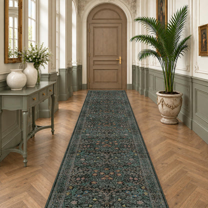Floral Dark Green Washable Area Rugs 8x10, Vintage Living Room Rug