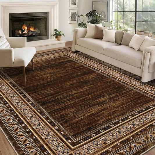 GARVEEBordered Red-Brown 4x6 Washable Modern Geometric Rug - Soft, Non-Slip, Ultra-Thin, Stain-Resistant Fabric - Machine Washable, Durable - Living Room, Bedroom, Playroom