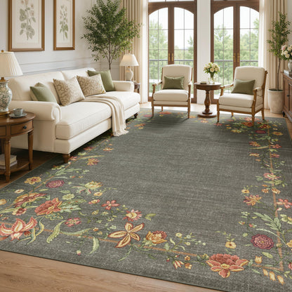 JOLLYVOGUE Washable 8x10 Area Rug for Living Room, Vintage Floral, Beige