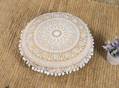 Popular Handicrafts Floor Pillow Cushion Cover - Hippie Elephant Mandala Cushion Cover Large Cotton - Pouf Cover Round Bohemian Yoga Decor, 18" White Gold