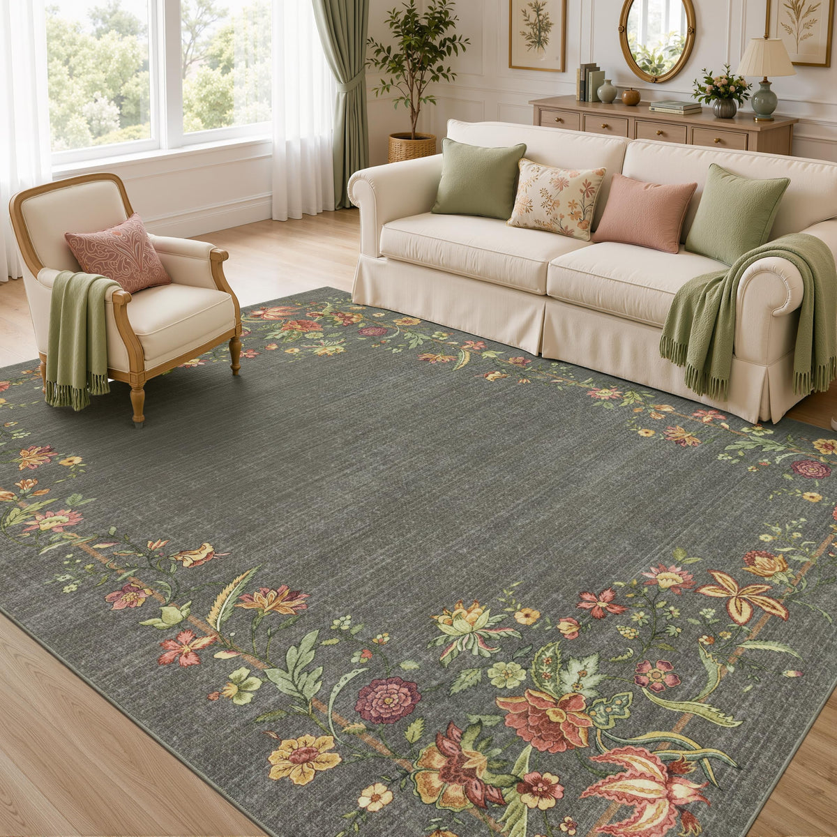 JOLLYVOGUE Washable 8x10 Area Rug for Living Room, Vintage Floral, Beige