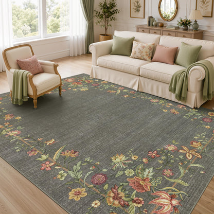 JOLLYVOGUE Washable 8x10 Area Rug for Living Room, Vintage Floral, Beige