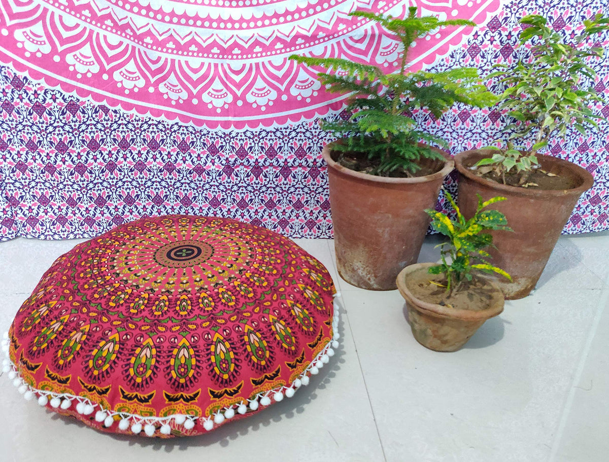 24" Black Gold Flower Mandala Barmeri Large Floor Pillow Cover Cushion Meditation Seating Ottoman Throw Cover Hippie Decorative Zipped Bohemian Pouf Ottoman Pom Pom Cases 24 " square