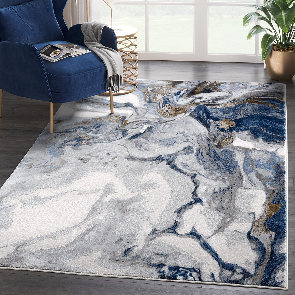 Abani Regal Collection Area Rug - Abstract Dark Grey Cracked Stone Design - 4' x 6' - Washable - for Living Room, Bedroom & Office