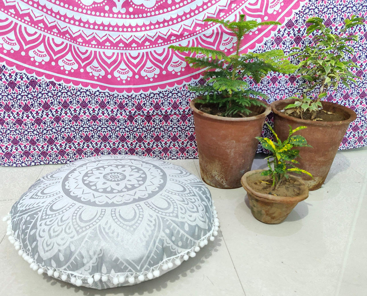 24" Black Gold Flower Mandala Barmeri Large Floor Pillow Cover Cushion Meditation Seating Ottoman Throw Cover Hippie Decorative Zipped Bohemian Pouf Ottoman Pom Pom Cases 24 " square