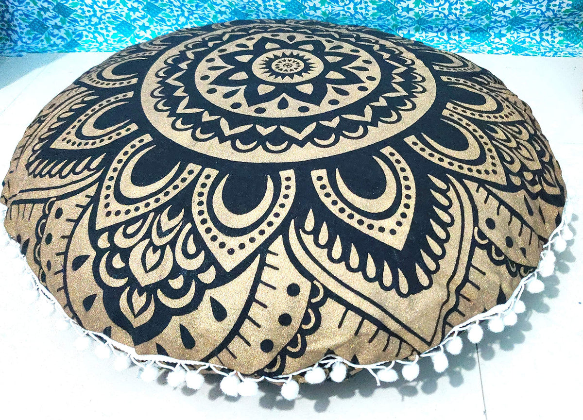 24" Black Gold Flower Mandala Barmeri Large Floor Pillow Cover Cushion Meditation Seating Ottoman Throw Cover Hippie Decorative Zipped Bohemian Pouf Ottoman Pom Pom Cases 24 " square