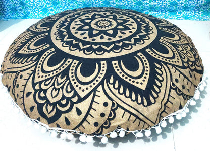 24" Black Gold Flower Mandala Barmeri Large Floor Pillow Cover Cushion Meditation Seating Ottoman Throw Cover Hippie Decorative Zipped Bohemian Pouf Ottoman Pom Pom Cases 24 " square