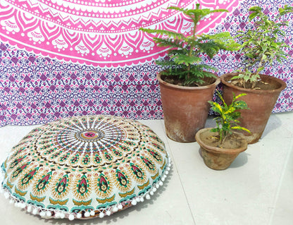 24" Black Gold Flower Mandala Barmeri Large Floor Pillow Cover Cushion Meditation Seating Ottoman Throw Cover Hippie Decorative Zipped Bohemian Pouf Ottoman Pom Pom Cases 24 " square