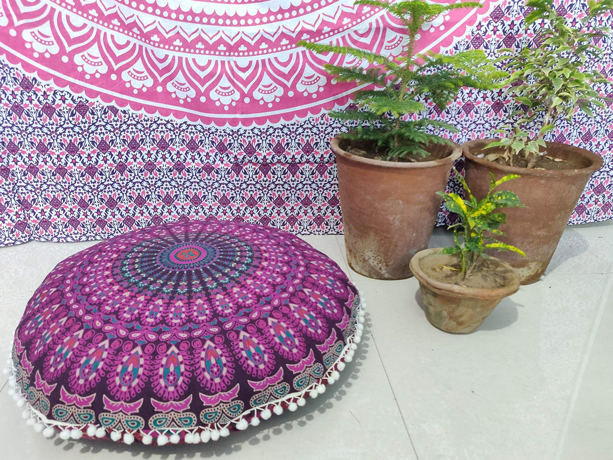 24" Black Gold Flower Mandala Barmeri Large Floor Pillow Cover Cushion Meditation Seating Ottoman Throw Cover Hippie Decorative Zipped Bohemian Pouf Ottoman Pom Pom Cases 24 " square
