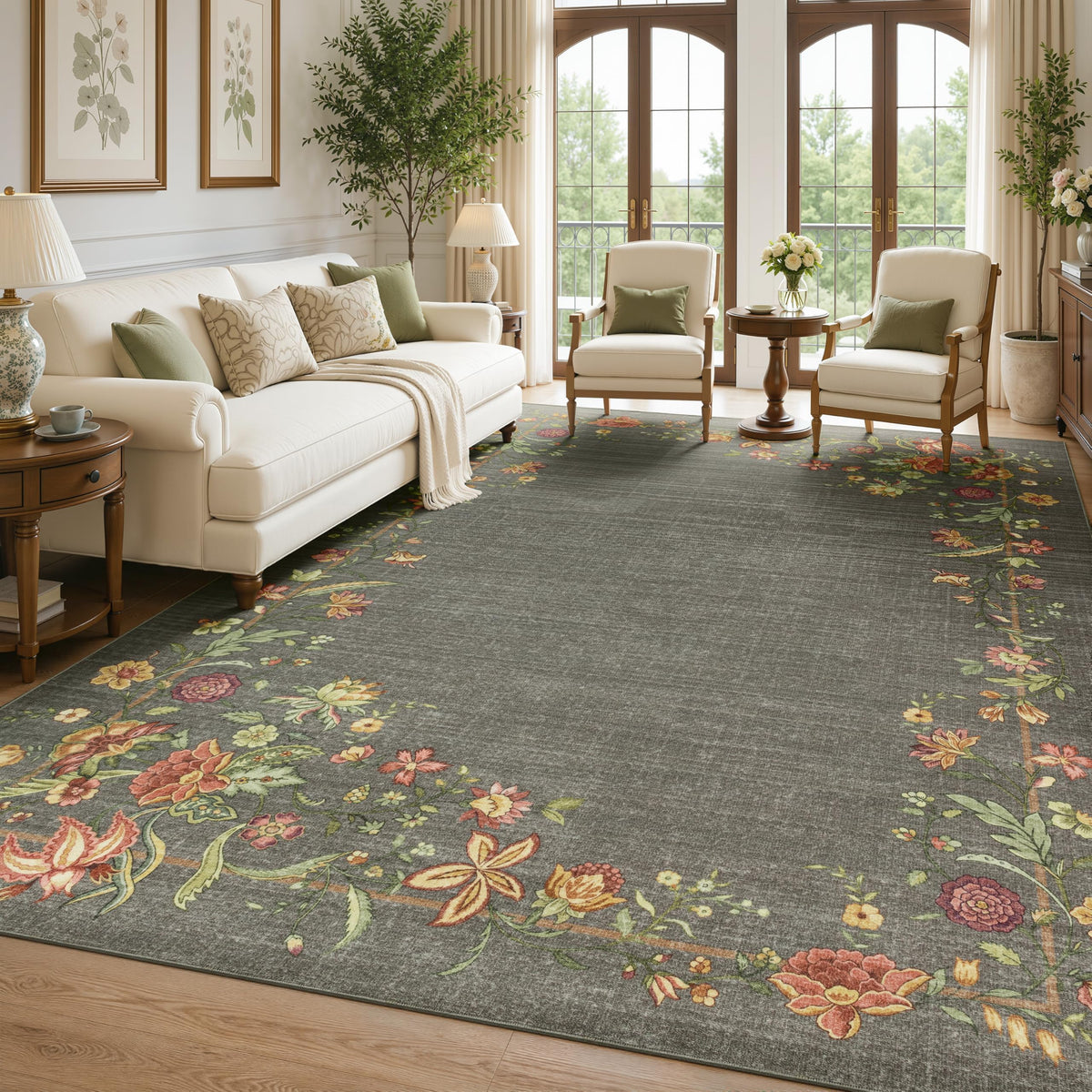 JOLLYVOGUE Washable 8x10 Area Rug for Living Room, Vintage Floral, Beige