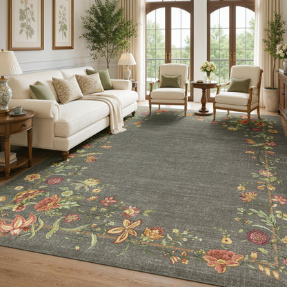JOLLYVOGUE Washable 8x10 Area Rug for Living Room, Vintage Floral, Beige