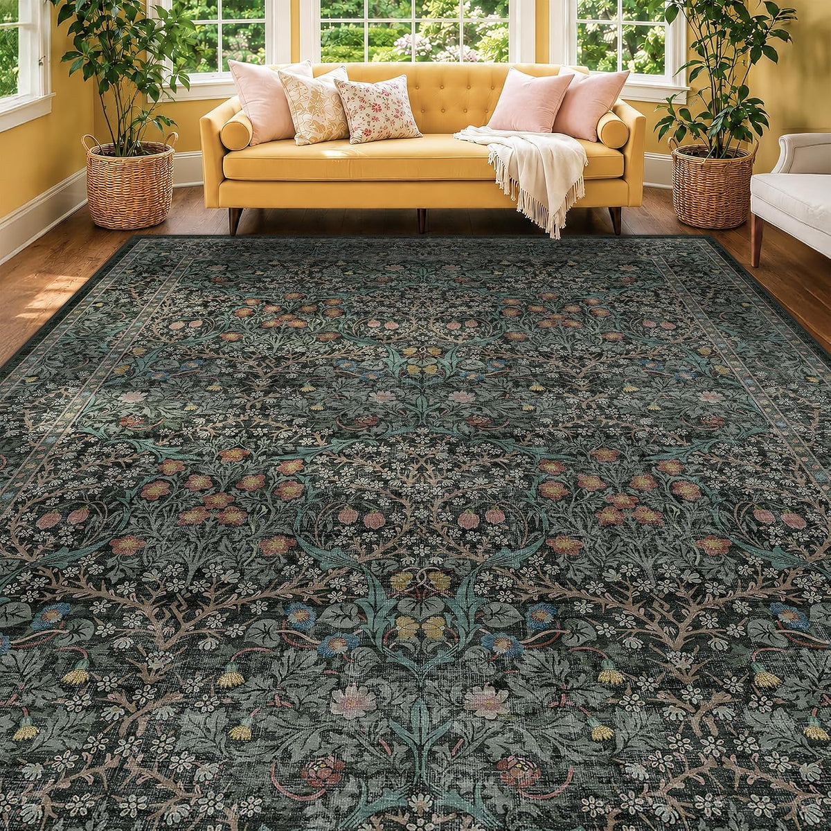 Floral Dark Green Washable Area Rugs 8x10, Vintage Living Room Rug