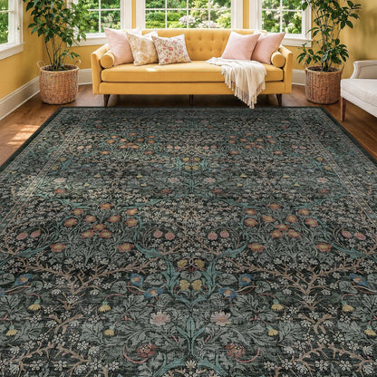 Floral Dark Green Washable Area Rugs 8x10, Vintage Living Room Rug