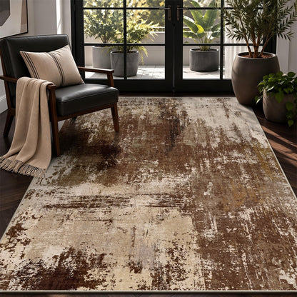 8x10 Rugs for Living Room - Modern Abstract Low Pile Washable Rug, Ultra Soft Non Slip Large Rugs, Floor Carpet for Bedroom Dining Room Office Laundry Nursery Home(Brown)
