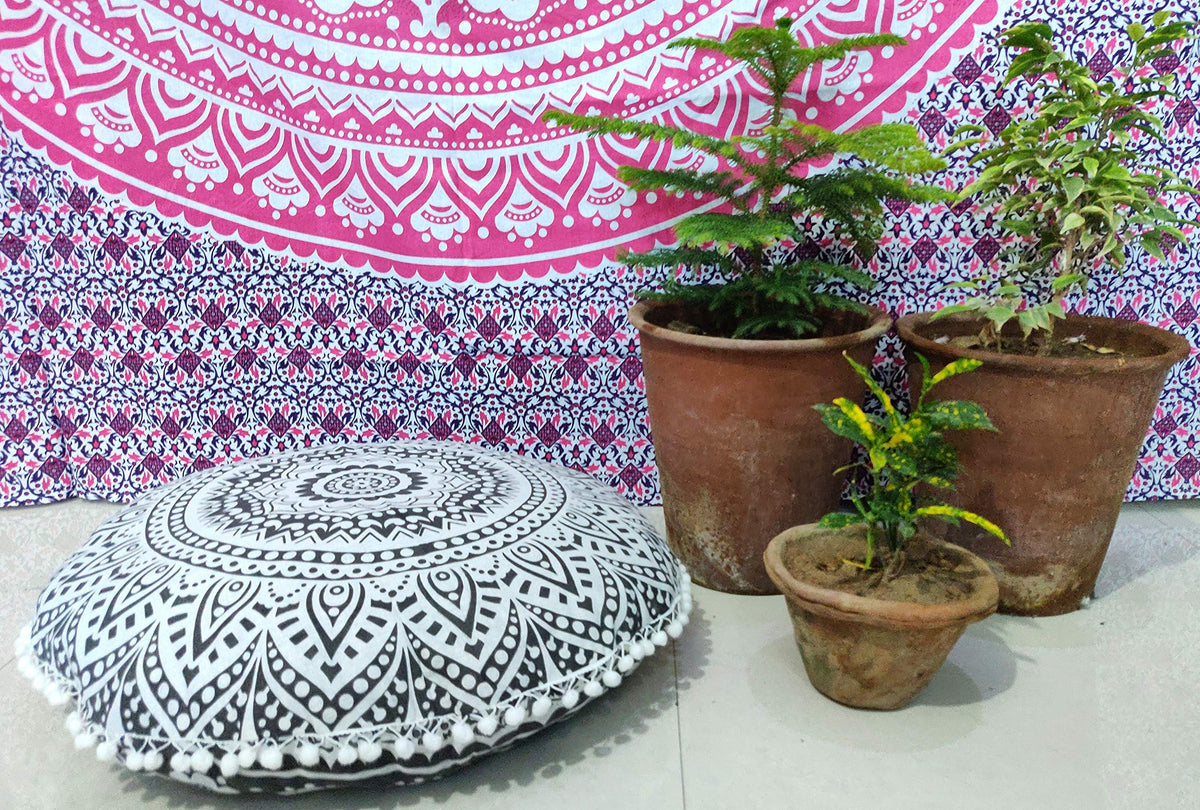 24" Black Gold Flower Mandala Barmeri Large Floor Pillow Cover Cushion Meditation Seating Ottoman Throw Cover Hippie Decorative Zipped Bohemian Pouf Ottoman Pom Pom Cases 24 " square