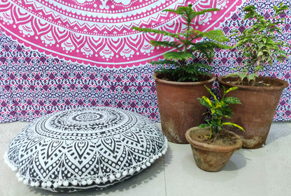 24" Black Gold Flower Mandala Barmeri Large Floor Pillow Cover Cushion Meditation Seating Ottoman Throw Cover Hippie Decorative Zipped Bohemian Pouf Ottoman Pom Pom Cases 24 " square