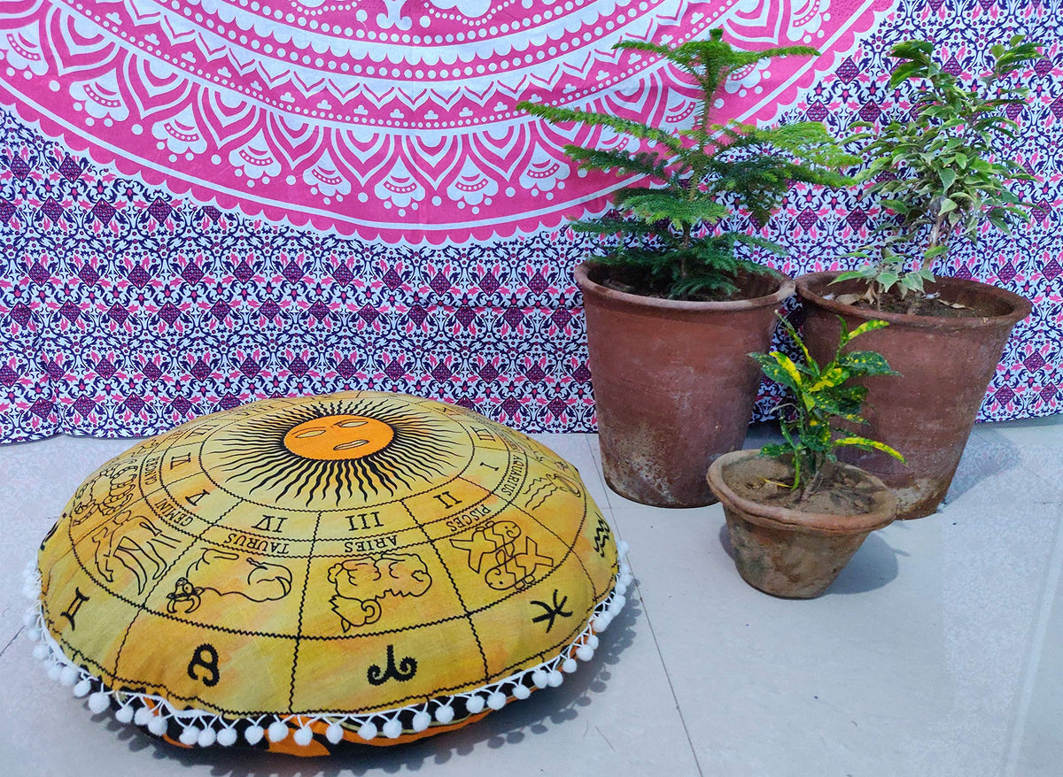 24" Black Gold Flower Mandala Barmeri Large Floor Pillow Cover Cushion Meditation Seating Ottoman Throw Cover Hippie Decorative Zipped Bohemian Pouf Ottoman Pom Pom Cases 24 " square
