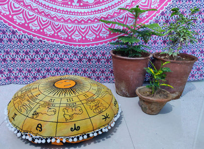 24" Black Gold Flower Mandala Barmeri Large Floor Pillow Cover Cushion Meditation Seating Ottoman Throw Cover Hippie Decorative Zipped Bohemian Pouf Ottoman Pom Pom Cases 24 " square