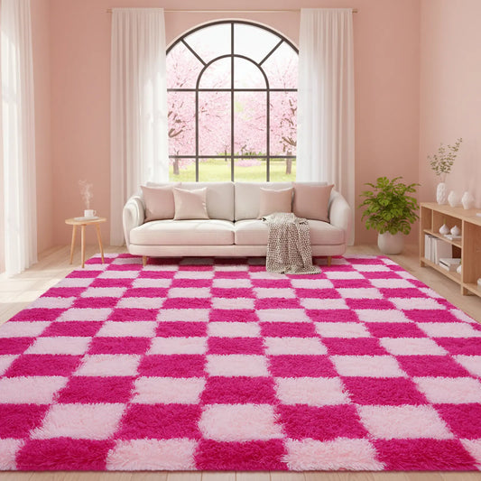 【Moving Season】QULINT Fluffy Checkered Shag Area Rug for Bedroom Living Room, Modern Geometric Grid Plush Carpet with Upgrade Non-Slip Backing, Ultra Soft High Pile Fuzzy Floor Rug for Home Decor, Cozy SilkTouch Rug for Apartment Dorm Nursery Room, Room,
