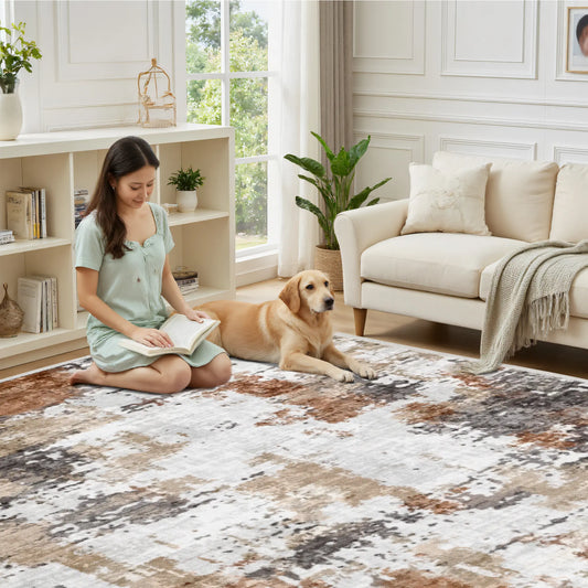 RaybeeFurniture Washable Non-Slip Area Rug, Vintage Distress Print Pattern Medallion Carpet, Soft Low Pile Indoor Mat for Living Room, Bedroom & Entryway, Modern Art Design, Lightweight, Easy to Clean & Machine Washable