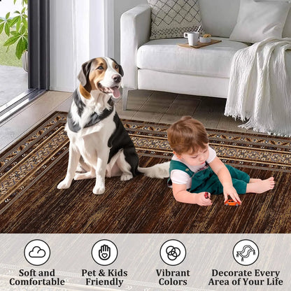 GARVEEBordered Red-Brown 4x6 Washable Modern Geometric Rug - Soft, Non-Slip, Ultra-Thin, Stain-Resistant Fabric - Machine Washable, Durable - Living Room, Bedroom, Playroom