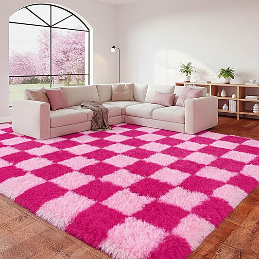 【Moving Season】QULINT Fluffy Checkered Shag Area Rug for Bedroom Living Room, Modern Geometric Grid Plush Carpet with Upgrade Non-Slip Backing, Ultra Soft High Pile Fuzzy Floor Rug for Home Decor, Cozy SilkTouch Rug for Apartment Dorm Nursery Room, Room,