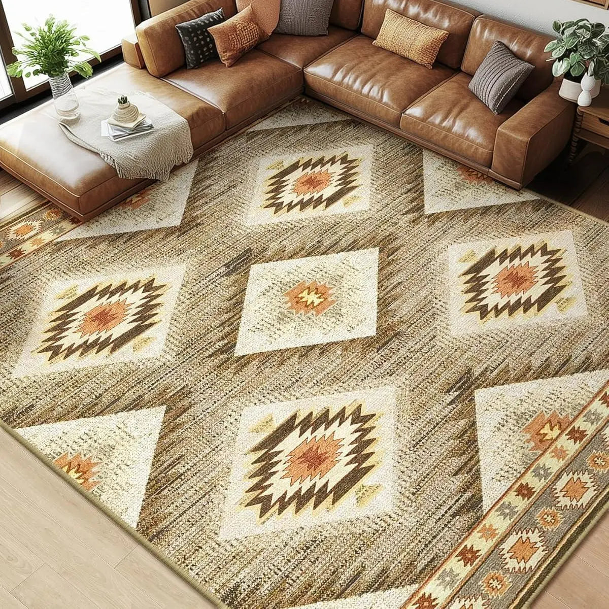 BESTSWEETIE Machine Washable Indoor Area Rug - Large Soft Faux Wool Geometric Aztec Rug, Non-Slip Wrinkle Resistant, OEKO-TEX Certified, for Living Room Decor & Bedroom, Various Sizes, Rustic Farmhouse Essentials
